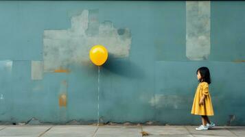 a little girl standing in front of a blue wall with a yellow balloon generative ai photo