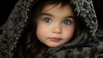 a little girl wearing a black and grey blanket generative ai photo