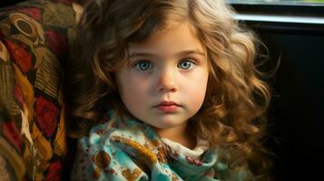 un pequeño niña con grande azul ojos sentado en un sofá generativo ai foto