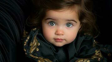 un pequeño niña con grande azul ojos sentado en un negro sofá generativo ai foto