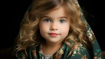 un pequeño niña con grande azul ojos vistiendo un floral chal generativo ai foto