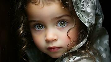 un pequeño niña con grande verde ojos mirando a el cámara generativo ai foto