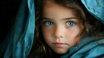 un pequeño niña con grande azul ojos generativo ai foto