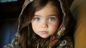 un pequeño niña con grande azul ojos vistiendo un capucha generativo ai foto