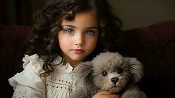 a little girl with blue eyes holding a teddy bear generative ai photo