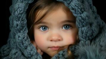 un pequeño niña con azul ojos es envuelto arriba en un cobija generativo ai foto