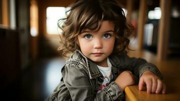 a little girl with curly hair sitting on a wooden table generative ai photo