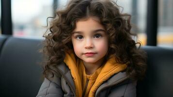 a little girl with curly hair sitting on a bus generative ai photo