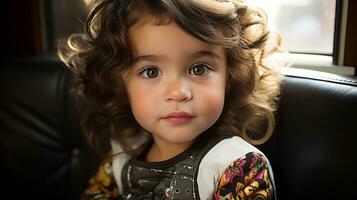 a little girl with curly hair sitting on a couch generative ai photo