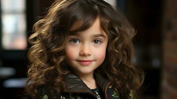 a little girl with long curly hair and a leather jacket generative ai photo