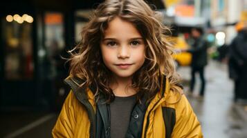 un pequeño niña con largo pelo en pie en un ciudad calle generativo ai foto