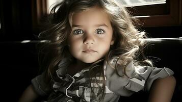 un pequeño niña con largo pelo sentado en frente de un ventana generativo ai foto