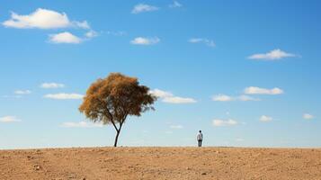 un solitario persona en pie en el medio de un campo con un árbol en el antecedentes generativo ai foto