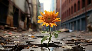 a lone sunflower growing out of a crack in the pavement generative ai photo