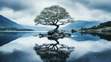 un solitario árbol en el medio de un lago con montañas en el antecedentes generativo ai foto