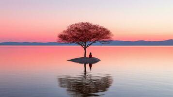 a lone tree sits on an island in the middle of a lake at sunset generative ai photo