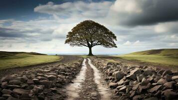 a lone tree stands in the middle of a dirt road generative ai photo