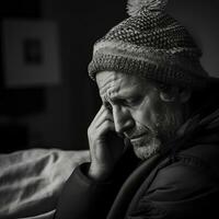 a man in a beanie and jacket sitting on a bed generative ai photo