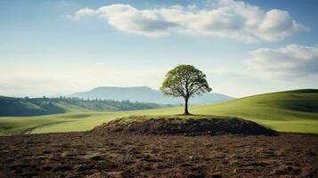 un solitario árbol en un colina en el medio de un campo generativo ai foto