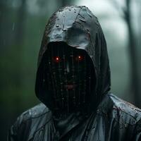 a man in a black hood with red glowing eyes generative ai photo