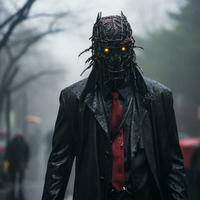 a man in a black suit and red tie walking down the street in the rain generative ai photo
