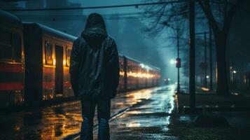 a man in a hooded jacket standing in front of a train at night generative ai photo