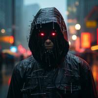 a man in a hooded jacket with pins on his face generative ai photo