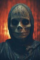 a man in a hooded jacket with a skull on his face generative ai photo