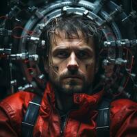 a man in a red jacket with wires around his head generative ai photo