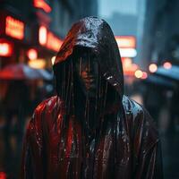 a man in a red raincoat standing in the rain generative ai photo