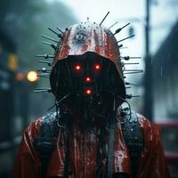 a man in a red rain jacket with spikes on his head generative ai photo