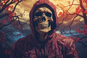 a man in a red hoodie with a skull on his face generative ai photo