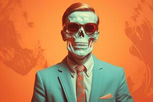 a man in a suit and sunglasses with a skull on an orange background generative ai photo
