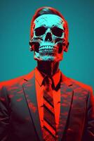 a man in a suit and tie with a skull on his head generative ai photo