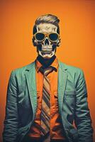 a man in a suit and tie with a skull on his head generative ai photo