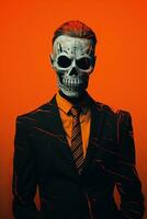 a man in a suit with a skull on his face generative ai photo