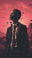 a man in a suit and tie standing in front of a pink sky generative ai photo
