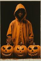 a man in an orange hoodie standing in front of pumpkins generative ai photo