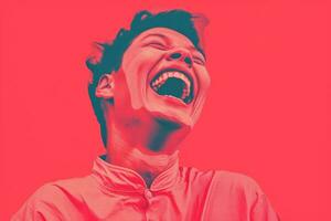 a man is laughing in front of a red background generative ai photo