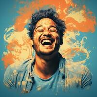 a man is laughing in front of an orange and blue background generative ai photo