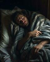 a man is sleeping in bed with a blanket generative ai photo