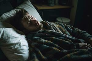 a man is sleeping in bed while wrapped in a blanket generative ai photo