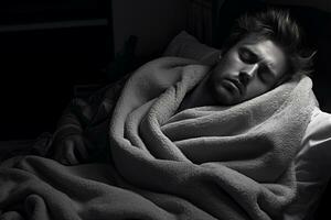 un hombre es dormido en cama con un cobija generativo ai foto