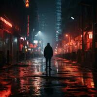 a man is standing in the middle of a city street at night generative ai photo