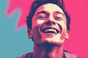 a man is smiling in front of a pink and blue background generative ai photo