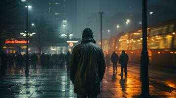 a man is standing in the middle of a city street at night generative ai photo