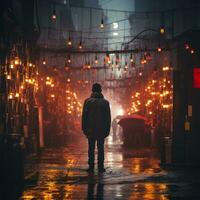 a man is standing in the middle of an alley at night generative ai photo