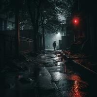 a man is walking down a dark street at night generative ai photo
