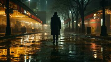 a man is walking down a wet street at night generative ai photo
