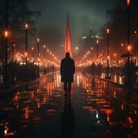 a man is walking down a wet street at night generative ai photo